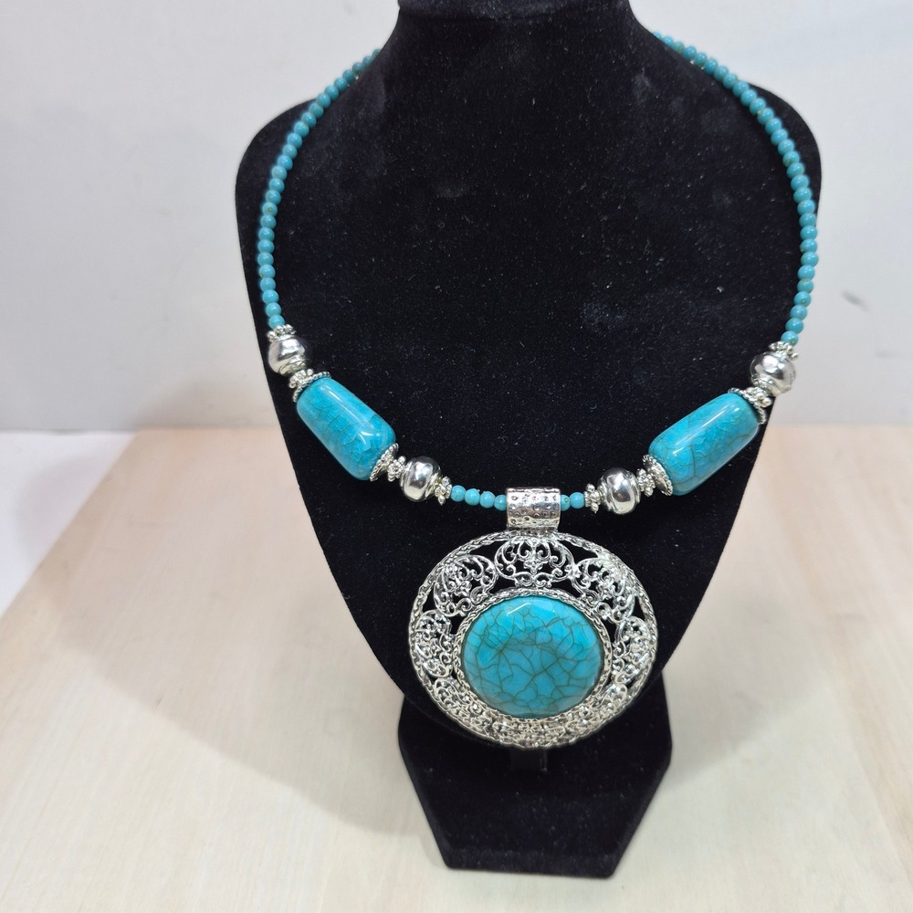 Boho Turquoise Silver Filigree Statement Necklace Southwestern Pendant